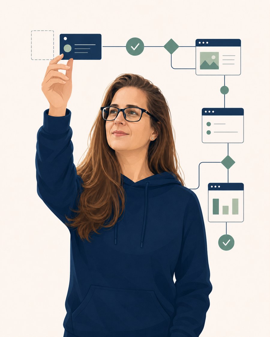 Michelle Onizuka visualizing a workflow, organizing the final connected piece into place